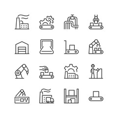 Industrial Manufacturing, linear style icon set. Factory buildings and infrastructure. Conveyors, pipelines, assembly lines and machinery components. Product output and robotics. Editable stroke width