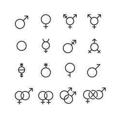 Gender Identity Icons, linear style set. Symbols representing diverse gender expressions and orientations. Inclusive illustrations for gender equality and LGBTQIA+ recognition. Editable stroke width.