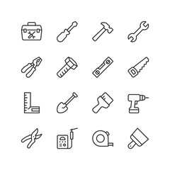 Tools and Instruments, linear style icon set. Essential equipment for construction, repair and manufacturing tasks. Hand tools, power tools, measuring devices and accessories. Editable stroke width