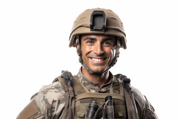 Naklejka premium Smiling man on white background. War-related topics. War news. Military recruitment. Military service. World War. White man. American. Image for graphic designer.
