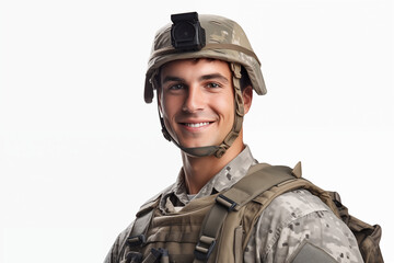 Smiling man on white background. War-related topics. War news. Military recruitment. Military service. World War. White man. American. Image for graphic designer.