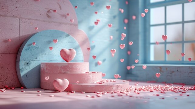 3d rander of the podium is used for merchandise display decorated with hearts on Valentine's day. 