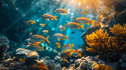 Close-up of a large group of different fish swimming over a coral reef. A school of fish frolics in the open sea.
