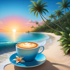 Obraz premium A cup of coffee on the beach with palm trees, concept art