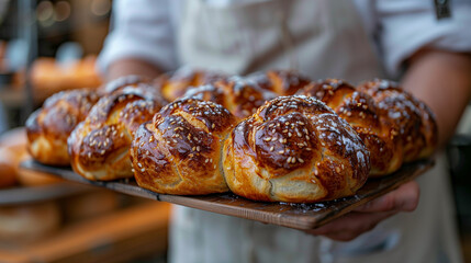 A person standing and holding a tray filled with freshly baked goods such as bread, pastries, and cookies