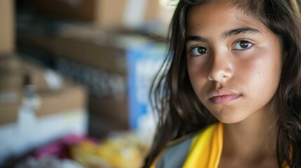 The close up picture of the hispanic female volunteer is working while wearing volunteer vest with blur background and looking at something, the volunteer require skill teamwork and an empathy. AIG43.