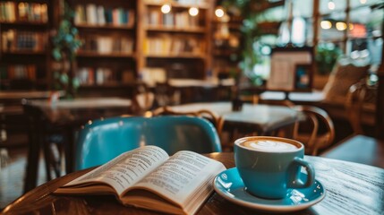 A coffee cup sits on a table in a cozy coffee shop setting, accompanied by a book, invoking a relaxed reading atmosphere.