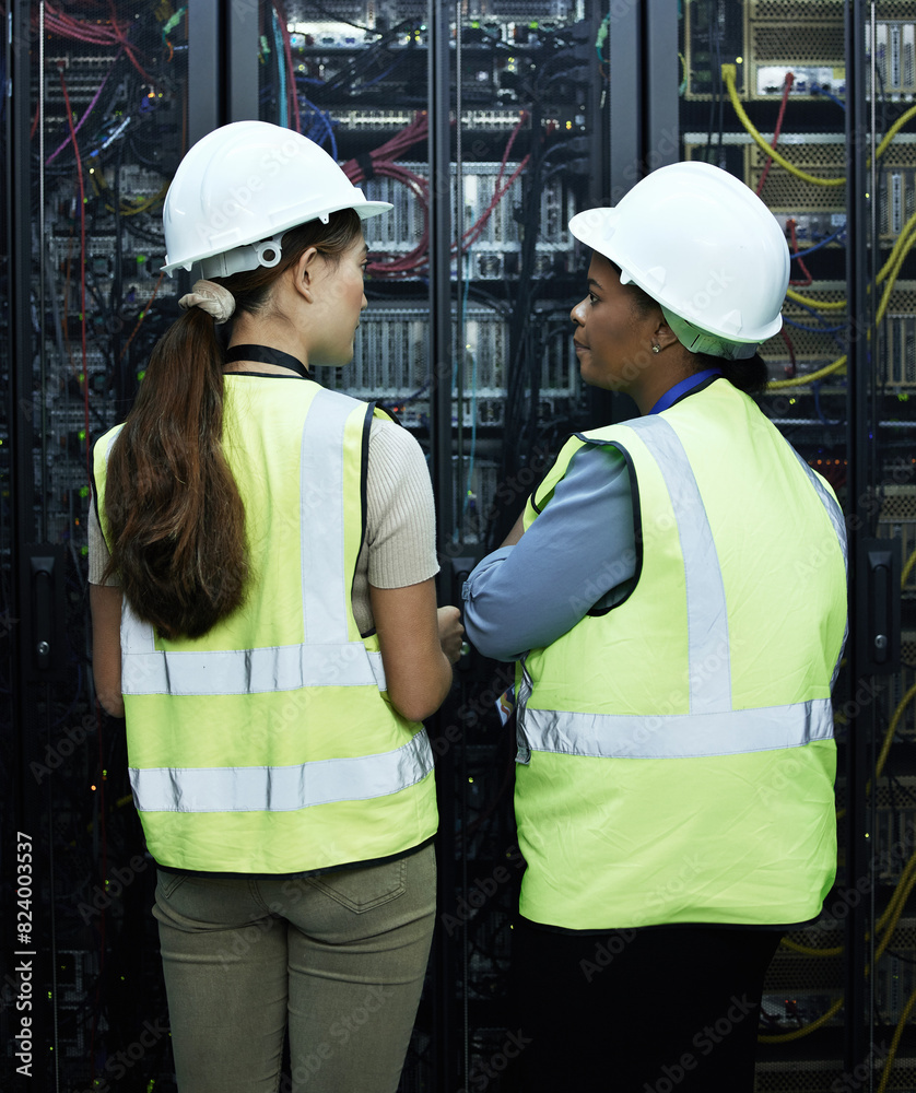 Aufkleber Computer core, women and data programmer as engineer in communication center in teamwork or collaboration. Female people, tech and hardware for security in server core in system update or maintenance