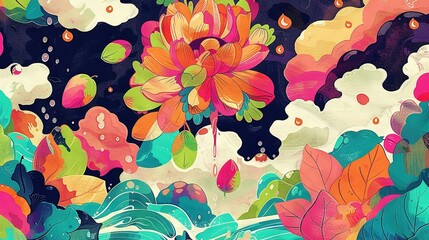   A painting of a flower amidst a sea of leaves and other blooms against a backdrop of blue, green, pink, orange, and white