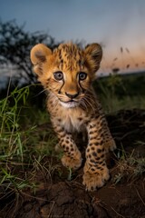 Closeup of Cheetah Cub at Sunset in Savanna, Playful Young Wildlife