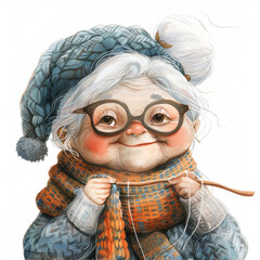 Vibrant watercolor illustration of a cartoon grandma with large glasses and a knitting project