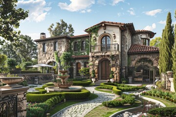 Fototapeta premium : A luxurious Tuscan-style suburban villa with stone walls, wrought iron details, and a lush garden featuring a fountain and winding pathways.