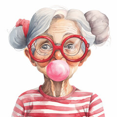 Whimsical watercolor grandmother with bubblegum
