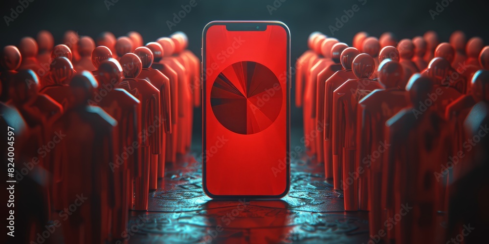 Aufkleber Red Data Revolution: A Smartphone Displaying a Pie Chart Amidst Rows of Red Figures, Signifying Powerful Data Analysis, Generative AI