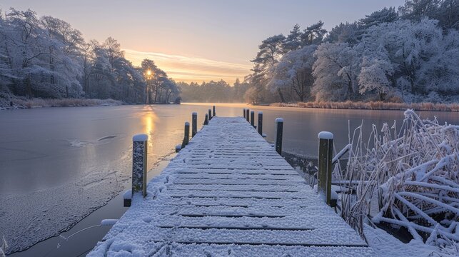 A frosty boardwalk glistens over Pudmore Pond in the early morning winter sun at Thursley Nature Reserve in Surrey, 