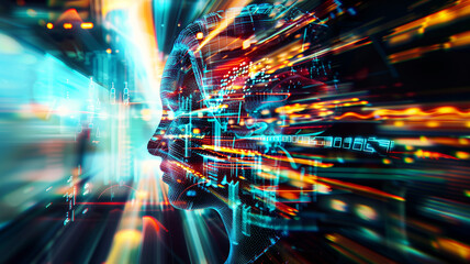 Abstract background - flow of digital information. The notion of AI advancing through deep learning,