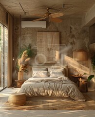 A bedroom with a white bed, a fan, and a window. The room has a tropical feel with a green plant and a vase of flowers on the bedside table