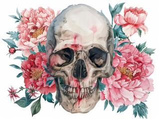 Watercolor boho skull with peonies illustration