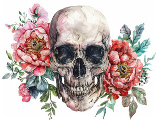 Watercolor boho skull with peonies illustration