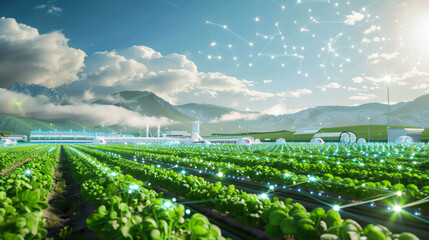 Modern plantation with digital modern sensors. Monitor growth and quality of the crop using installed equipment with digital screens. Gardening and farming concept.