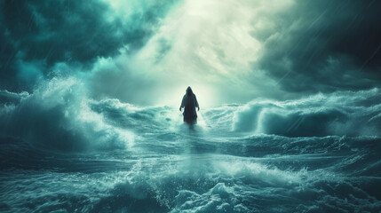 Jesus walks on the waters of the sea in the middle of a storm Biblical theme concept. Generative AI
