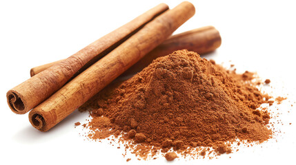 Close-Up of Cinnamon Sticks and Ground Cinnamon on White Background