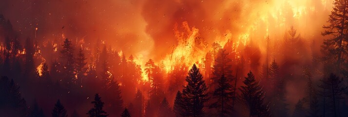 Panoramic view of forest fire. Climate change and global warming. Natural disaster and wildfire concept. Design for banner, header