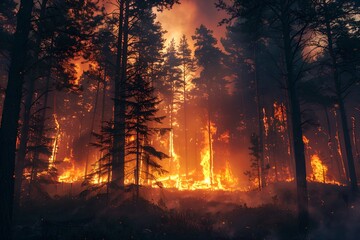 Fototapeta premium Forest fire spreading at night. Climate change and global warming. Natural disaster and wildfire concept. Design for banner, poster