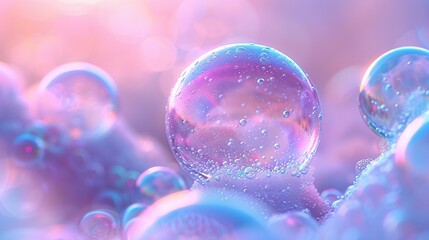   A bunch of soap bubbles floating against a blue-pink backdrop, bathed in a diffused light originating above them