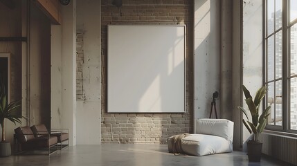 A mockup of a blank square photo frame hanging in the middle of wall with Industrial, urban, loftstyle decoration in Room Captured in the style of architectural.,