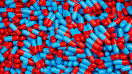 Top view on red blue pills mixed background. Drugs, pills, tablets, medicine concept. 3d render illustration