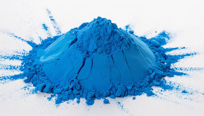 Fototapeta premium Heap of bright blue powder isolated on white background. Make up eye shadow, cosmetic product.