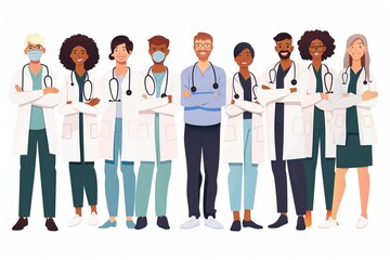 diverse group of smiling male and female healthcare professionals in medical uniforms flat vector illustration