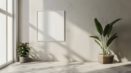 A mockup of a blank square photo frame hanging in the middle of wall with Contemporary, sleek, geometric decoration in Room Captured in the style of architectural photography.,