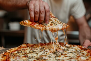 Close-up of a hand taking a gooey slice from a freshly baked pizza - Powered by Adobe