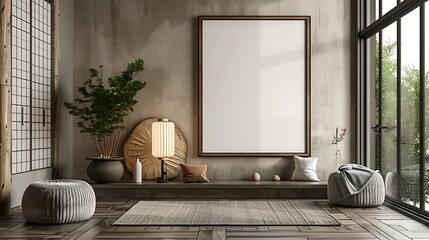 A mockup of a blank square photo frame hanging in the middle of wall with Asian, Zen, tranquil decoration in Room Captured in the style of architectural photography.,