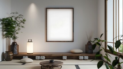 A mockup of a blank square photo frame hanging in the middle of wall with Asian, Zen, tranquil decoration in Room Captured in the style of architectural photography.,
