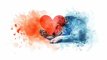 Watercolor paw print with heart on white background