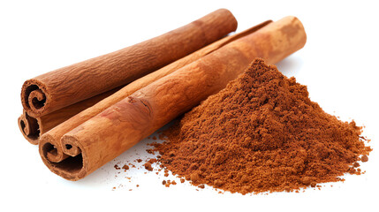 Close-Up of Cinnamon Sticks and Ground Cinnamon on White Background