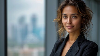 Fototapeta premium modern business woman, confident indian female director, clad in a sleek business suit, stands in a modern office with urban skyline backdrop minimalist portrait with free space
