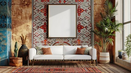 A mockup of a blank square photo frame hanging in the middle of wall with Moroccan, Middle Eastern, vibrant decoration in Room Captured in the style of architectural photography.,