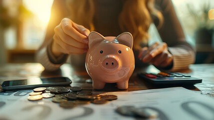 Woman at table, throwing coins into piggy bank, financial documents calculator beside them