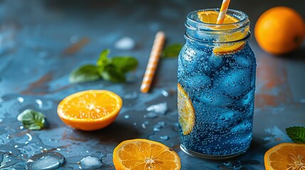   A mason jar filled with blue liquid, surrounded by orange slices and mint leaves, with a straw...