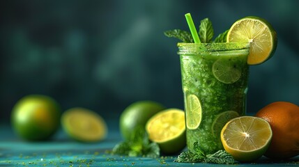  Green smoothie with lemons, limes, and mint on a blue table with fruits and veggies