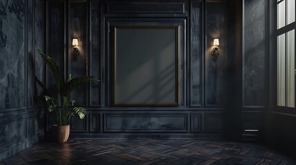A mockup of a blank square photo frame hanging in the middle of wall with Gothic, dark, mysterious decoration in Room Captured in the style of architectural photography.,