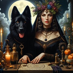 Hecate goddess of magic, the moon, animals, necromancy. Titan and goddess of Olympus with a black wolf. Hekate. Ancient Greek mythology. Demonic cult. Forbidden beliefs. Candles. Key. Generative AI.