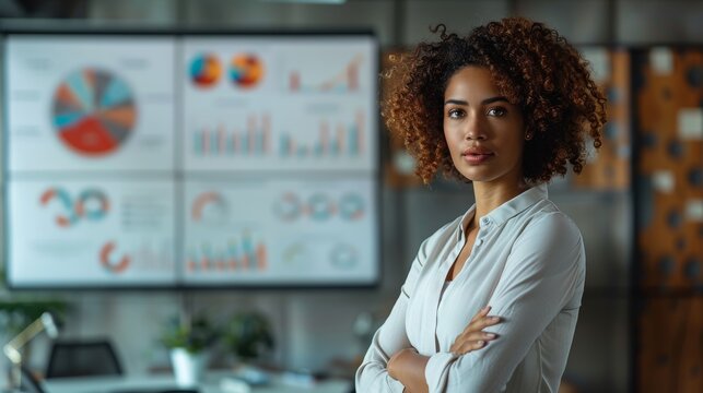 corporate presentation, a bold female director from south america showcases a new project to investors in a modern boardroom with sleek design and digital screens