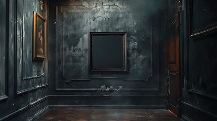 Fototapeta premium A mockup of a blank square photo frame hanging in the middle of wall with Gothic, dark, mysterious decoration in Room Captured in the style of architectural photography.,