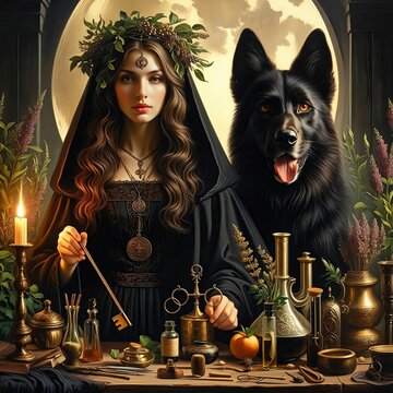 Hecate goddess of magic, the moon, animals, necromancy. Titan and goddess of Olympus with a black wolf. Hekate. Ancient Greek mythology. Demonic cult. Forbidden beliefs. Candles. Key. Generative AI.