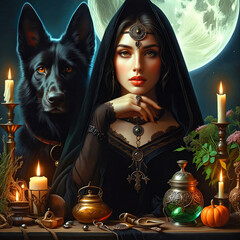 Hecate goddess of magic, the moon, animals, necromancy. Titan and goddess of Olympus with a black wolf. Hekate. Ancient Greek mythology. Demonic cult. Forbidden beliefs. Candles. Key. Generative AI.